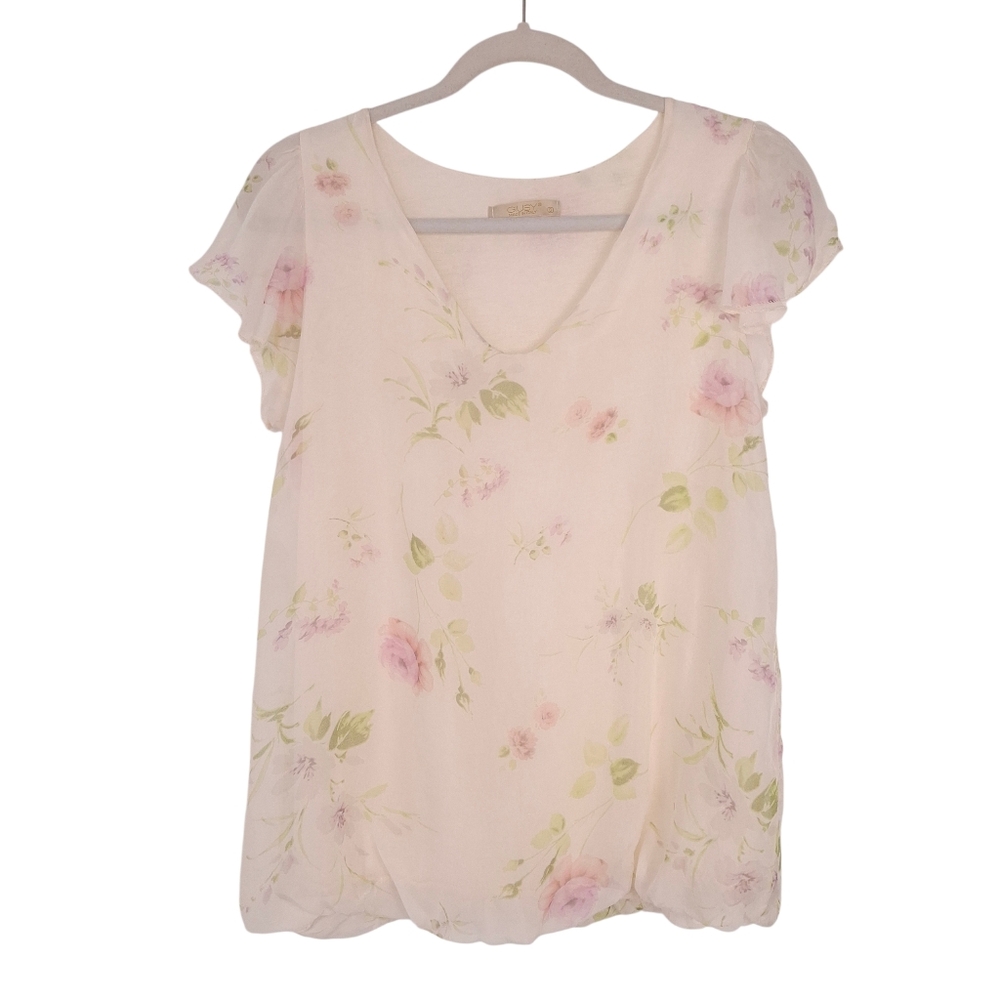 Giusy silk floral bubble hem top cottagecore flutter sleeve feminine romantic